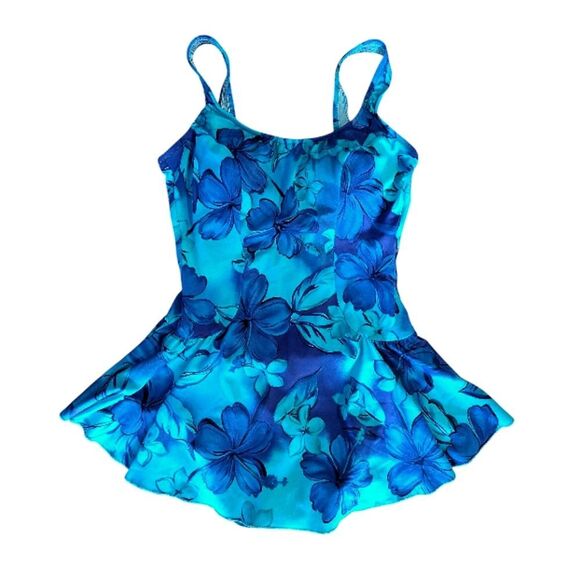 Vintage Turquoise Blue Floral One Piece Mod Swimdress Size 16 *Fits like Large - Picture 2 of 13